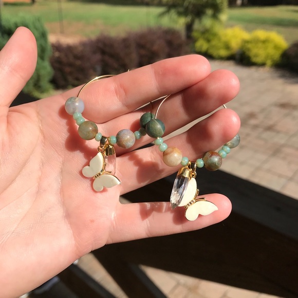 Indian Agate Butterfly Quartz Gold Hoop Earrings - Picture 6 of 8